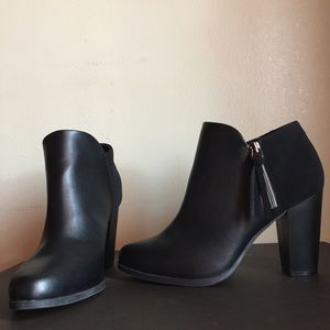 Black Faux Leather & Suede Booties w/ Tassel